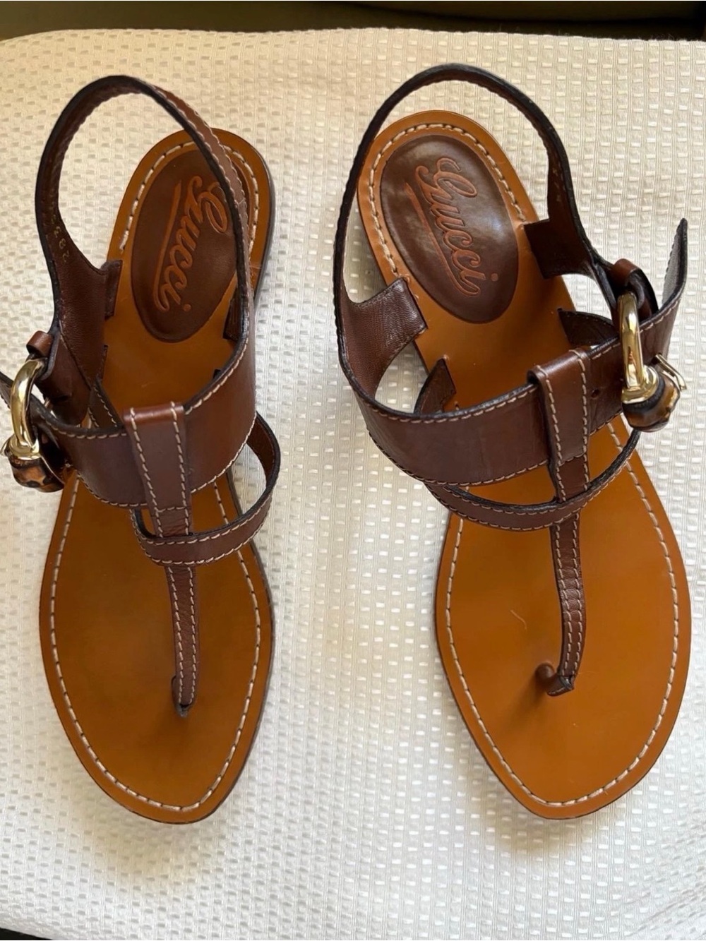 Gucci Brown Leather Bamboo Thong Sandals Slingback Size 37.5 Made in Italy